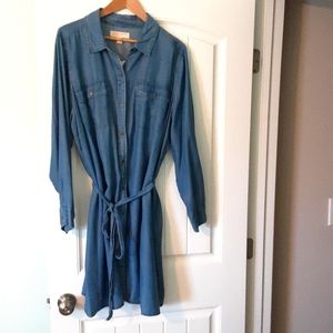 Michael Michael Kors Blue Chambray Belted Button Sleeve Shirt Dress
